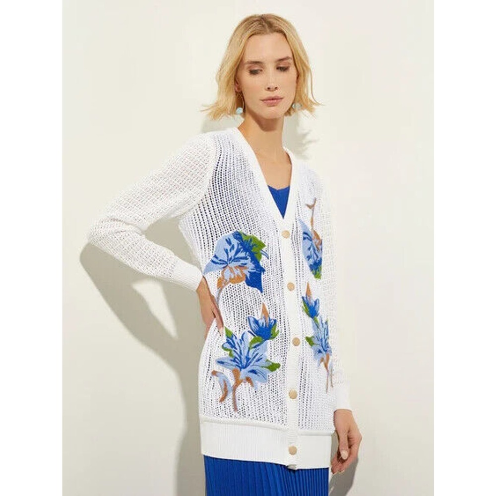 NWOT MISOOK Embroidered Pointelle Knit Boyfriend Cardigan Sweater White …